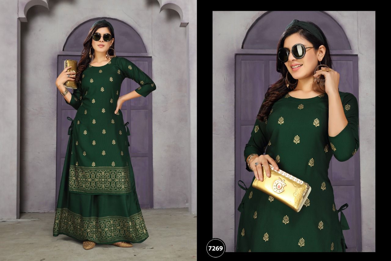 Golden Muskan 3 Heavy rayon Festive Wear Kurti With Skirt Collection